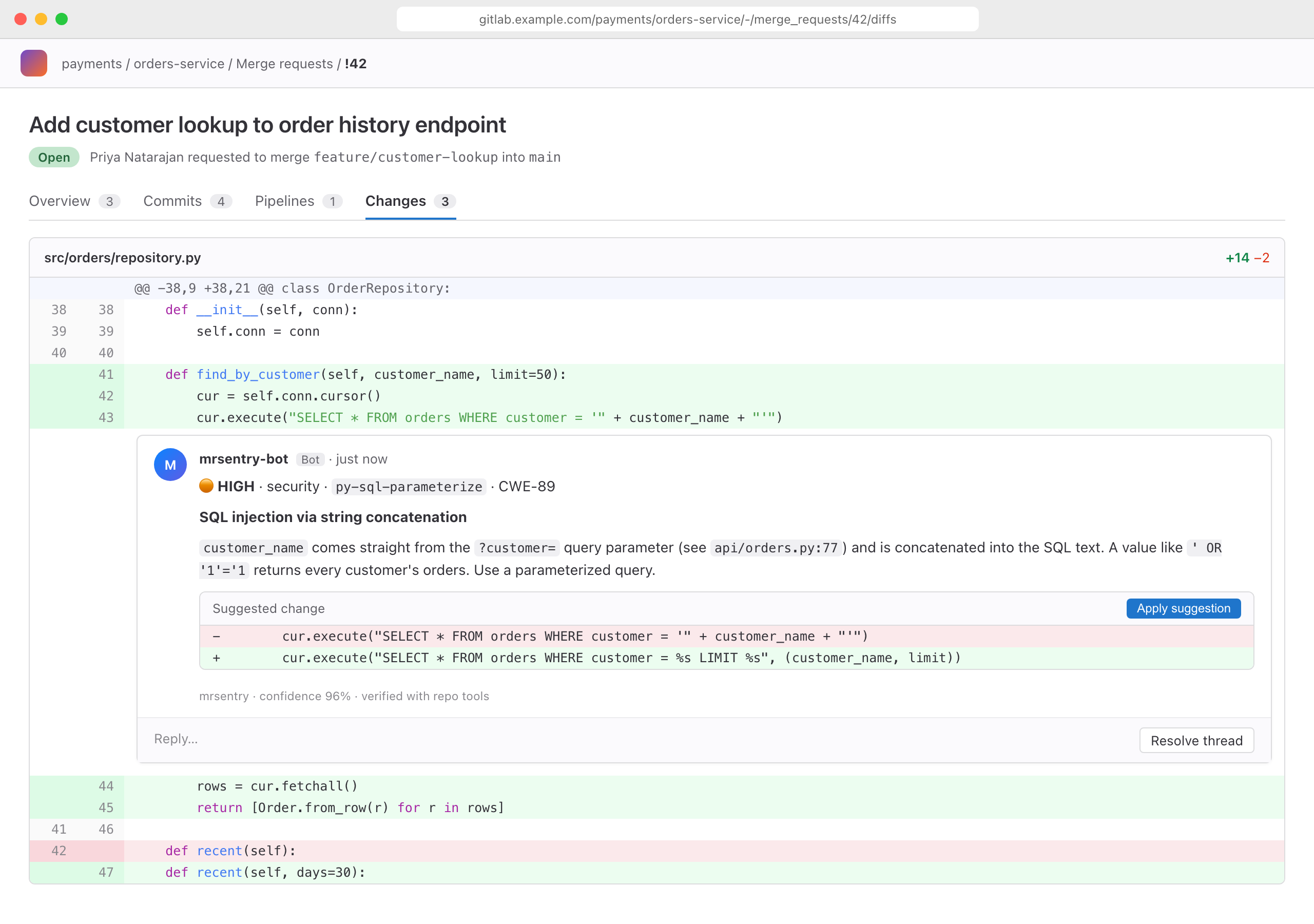 A mrsentry inline comment on a GitLab merge request diff, flagging an SQL injection with a one-click suggested fix