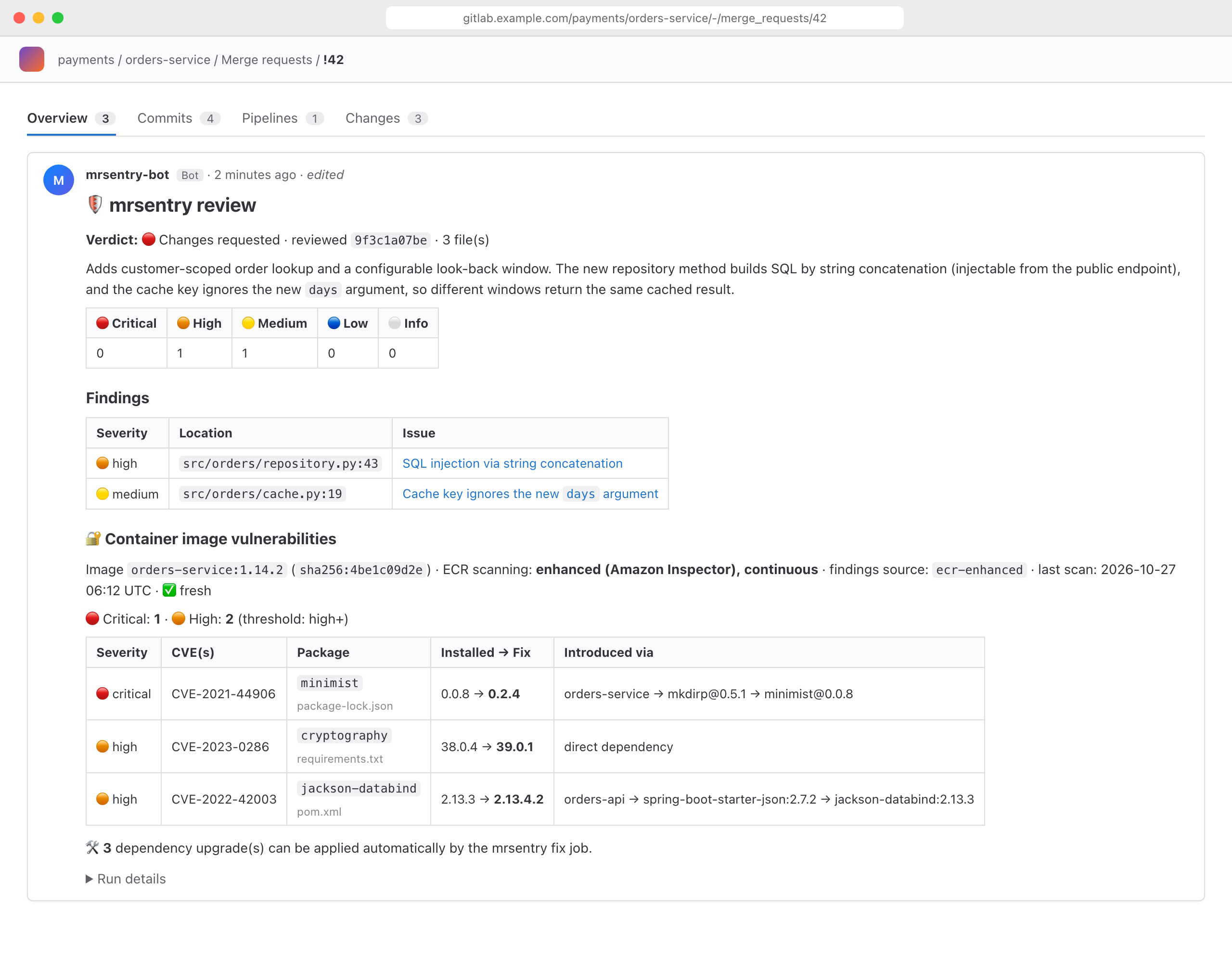 The mrsentry overview note: verdict, severity table, findings with thread links, and a container vulnerability table with dependency paths